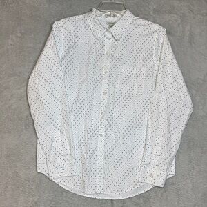 LL Bean Shirt Women Medium Ladies White Polka Dots Button Down Dress Shirt Work